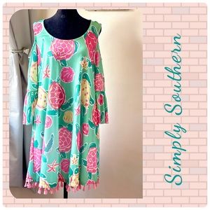Fun Simply Southern Cold Shoulder Dress with Sea Turtle Pattern